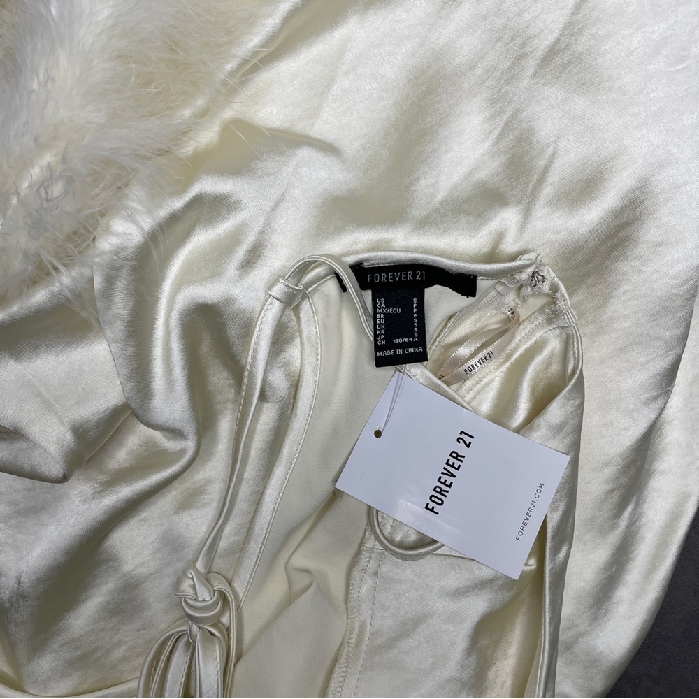 Cream Asymmetrical Satin‎ Spaghetti Strap Dress with Faux Fur Detail - Picture 5 of 5